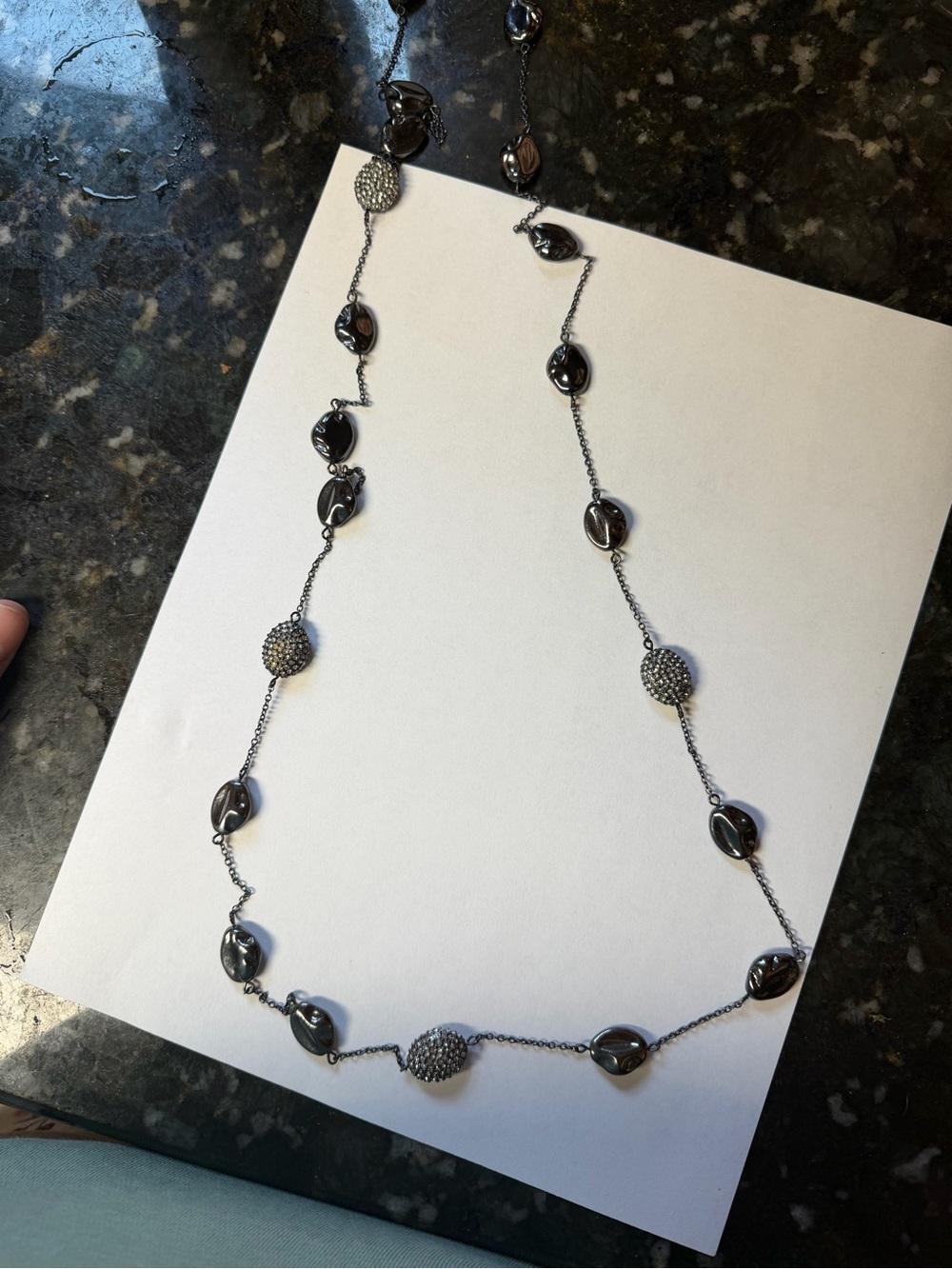 Long Hematite and Pave Station Necklace - Elegant Gunmetal Shine